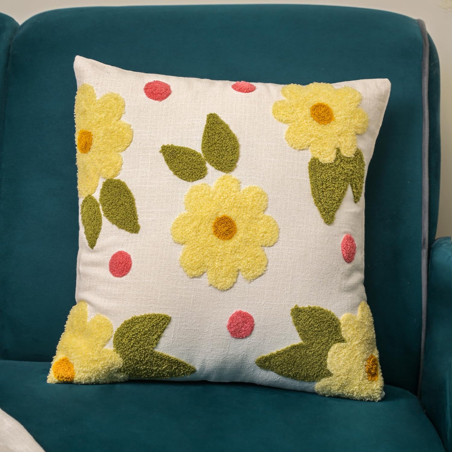 Boucle Embroidered Square – Cushion Covers – 100% Cotton – Invisible Zipper – 16x16 Inch, Pack of 1