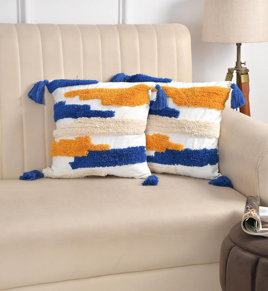 Decorative Cushion Covers – Tufted Geometric Blue/Yellow – 16x16 Inch, Set of 2