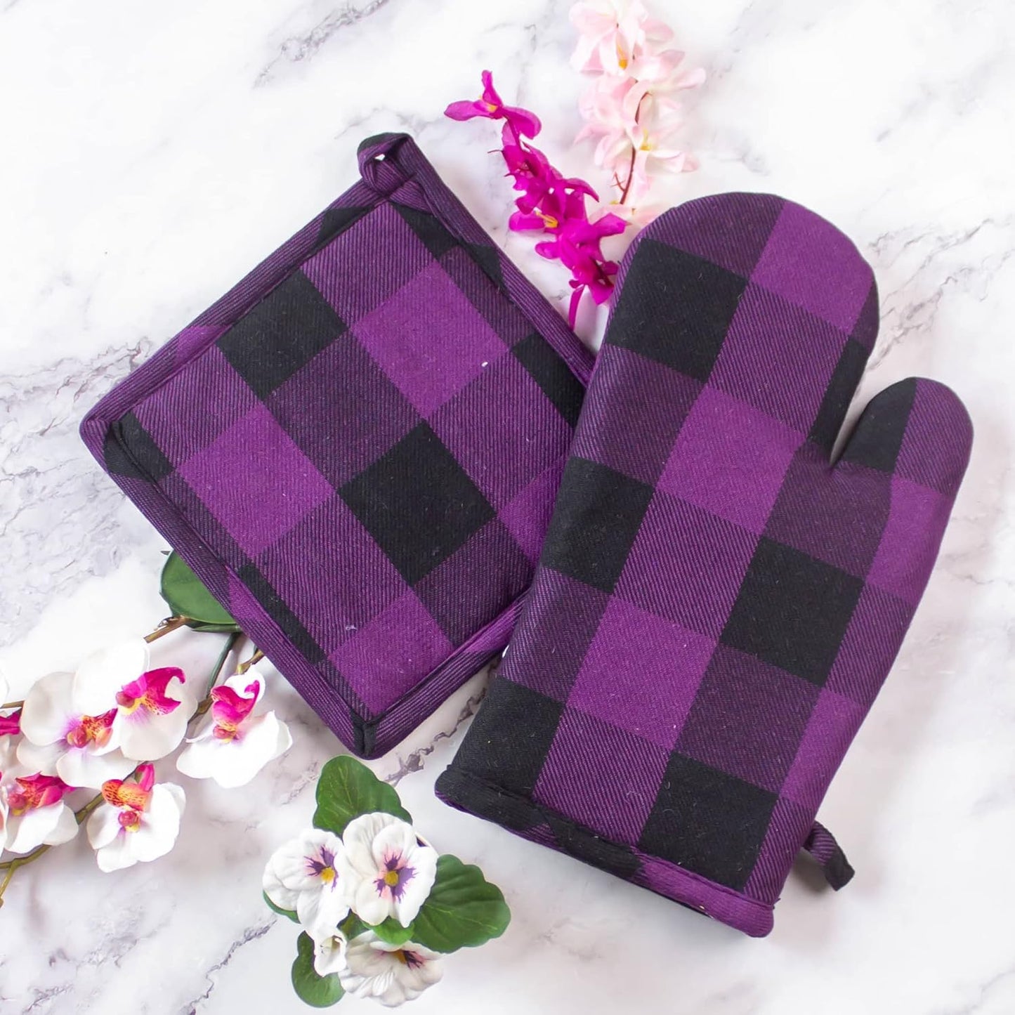 Heat Resistant Oven Glove & Pot Holder Set – Kitchen Textile – Thick Padded Microfiber – 18x30 cm