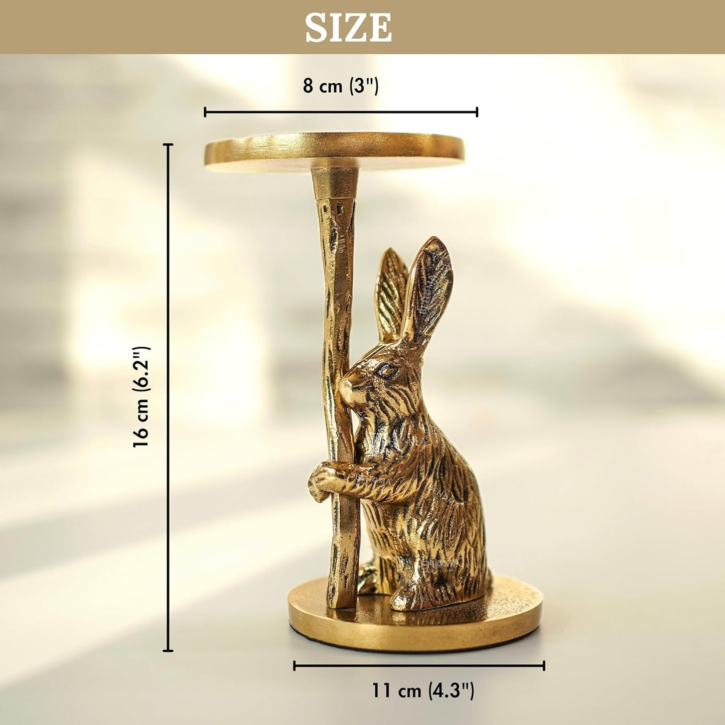 Pillar Candle Holder – Aluminium Rabbit Figurine – Gold Finish, 16cm