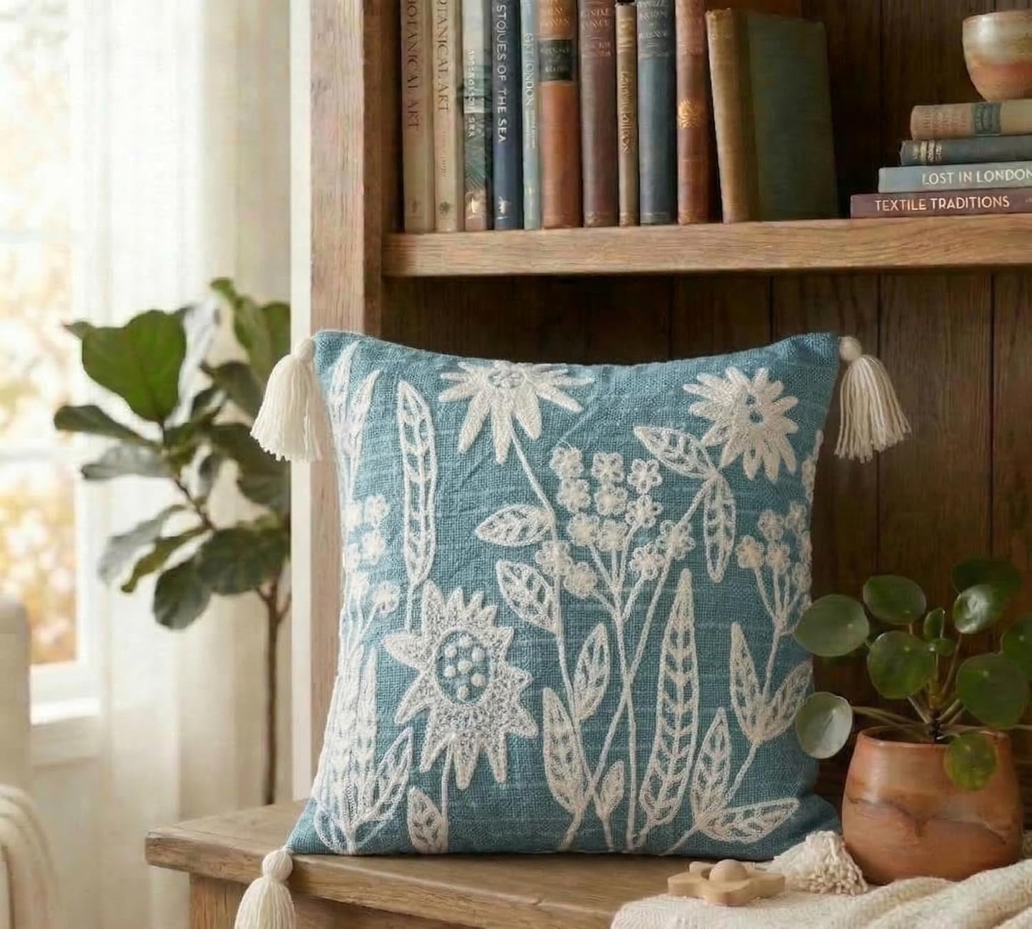 Green Florets Embroidered Cushion Cover – Decorative Pillow Case – Slub Cotton with Tassels – 16x16 Inch (40x40 cm)