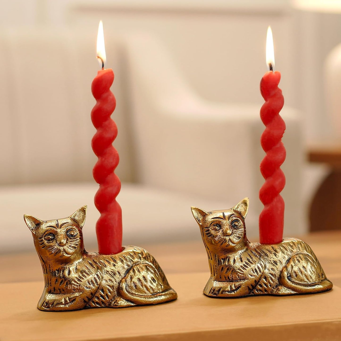 Aluminium Cat Figurine Candle Holder Set – Antique Gold – 13cm H, Pack of 2