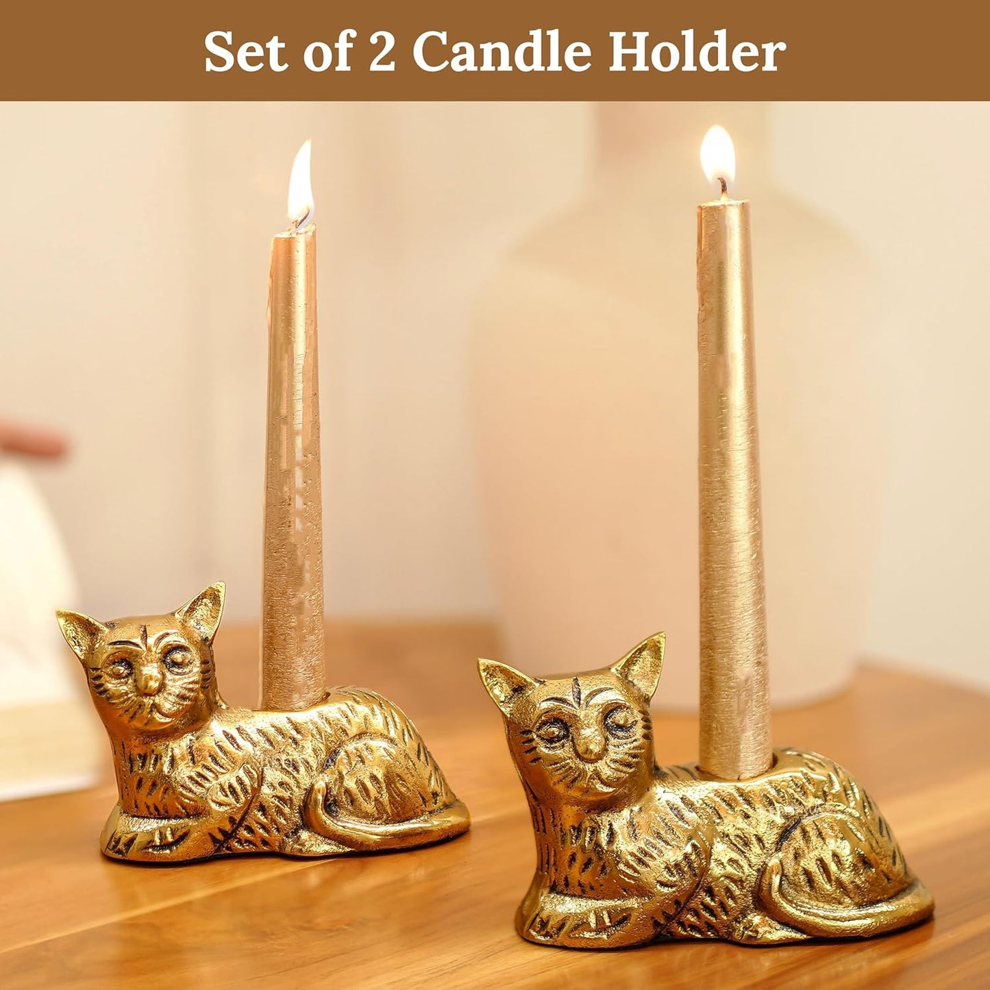 Aluminium Cat Figurine Candle Holder Set – Antique Gold – 13cm H, Pack of 2