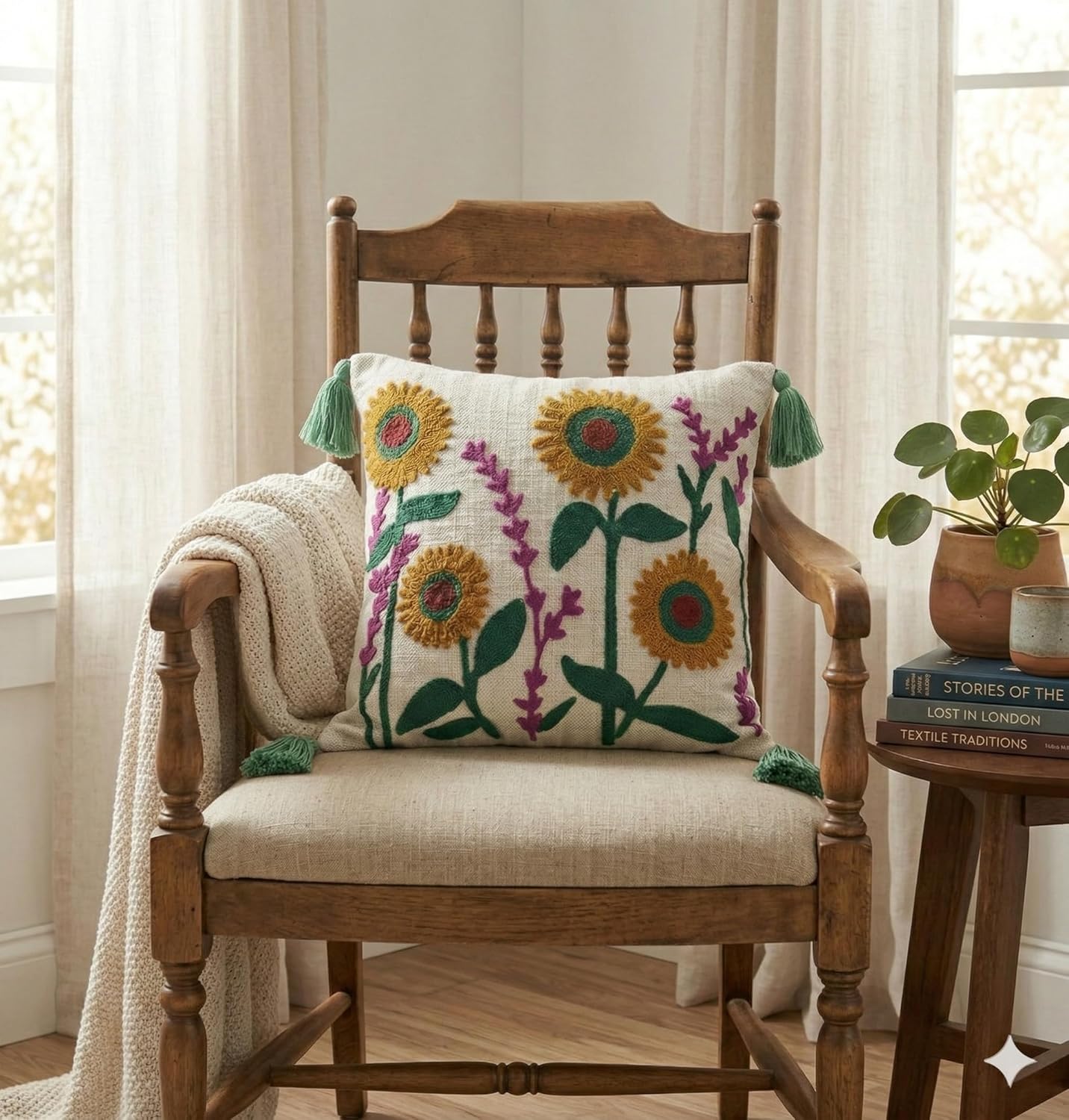 Bohemian Embroidered Slub Cotton Cushion Cover – Tufted & Tasseled – 16x16 Inch (40x40 cm)