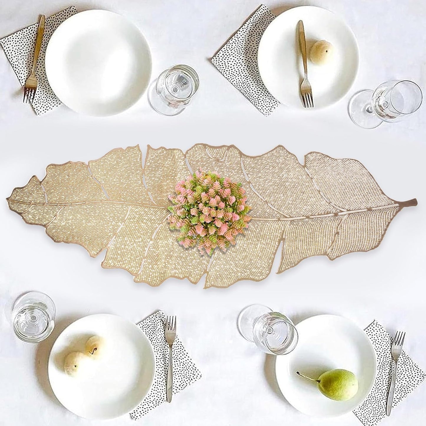 Table Runner – Leather, Golden Leaf Design – 92x34 cm
