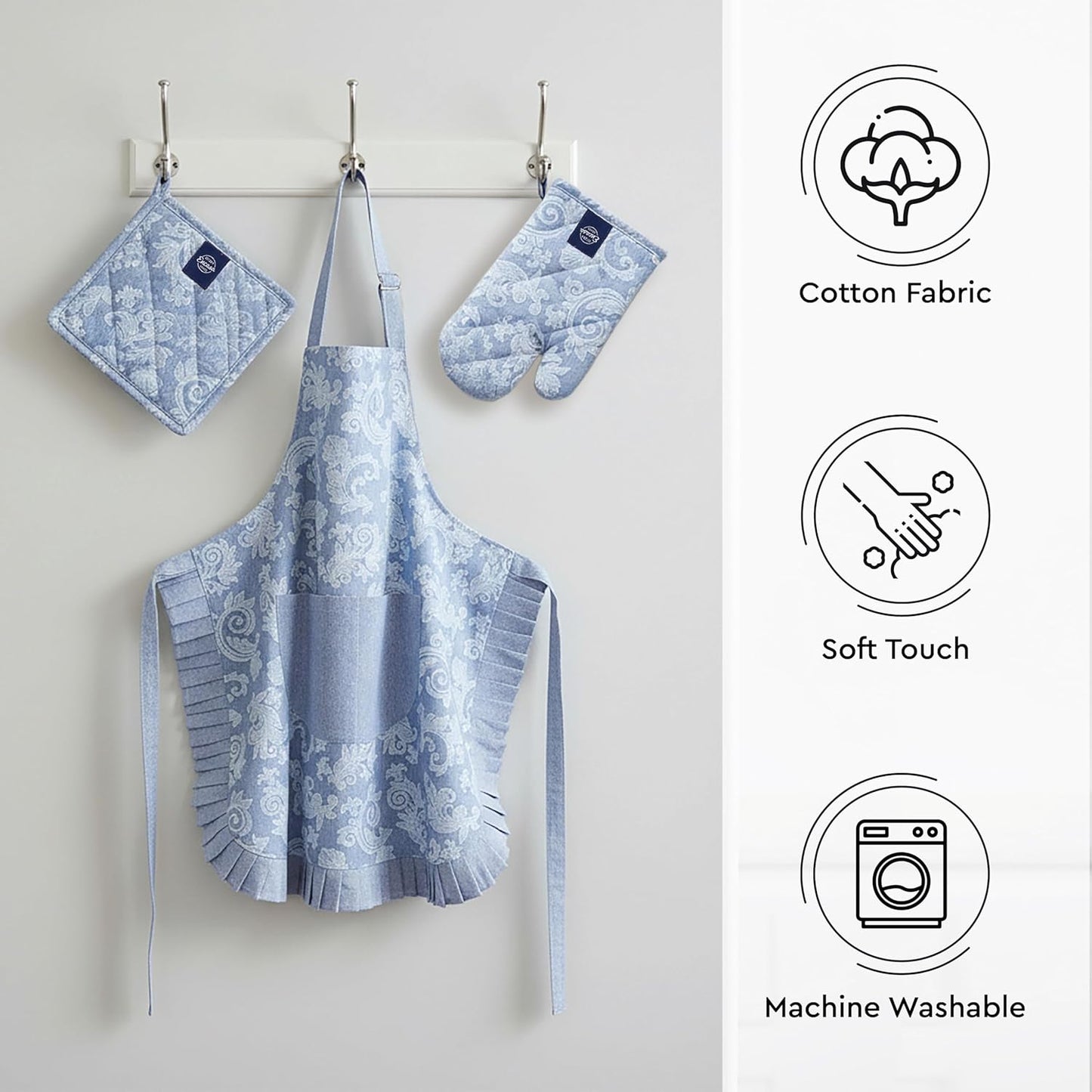Kitchen Apron Set – Cooking Combo – 100% Cotton – Adjustable Fit – 3-Piece Set