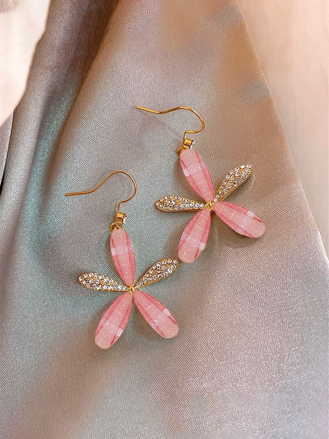 Gold Toned Floral Drop Earrings – Fashion Earrings – Crystal Embellished – Pair