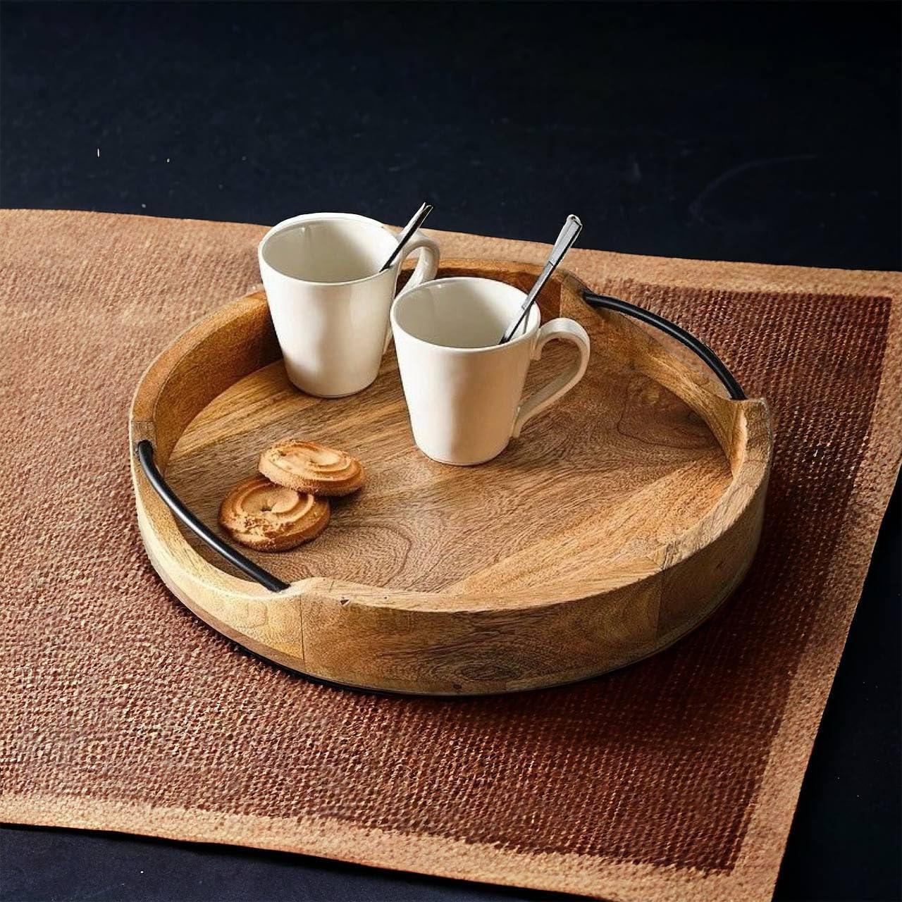 Rustic Round Serving Tray – Handcrafted Mango Wood & Iron – 10-inch Diameter