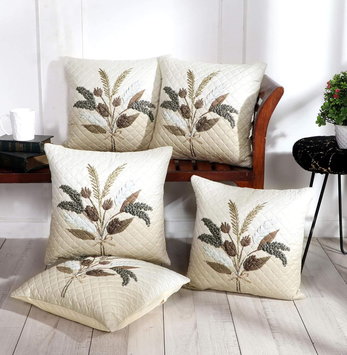 Floral Print Cushion Covers – Polycotton Blend – Invisible Zipper – 16x16 inch Set of 5