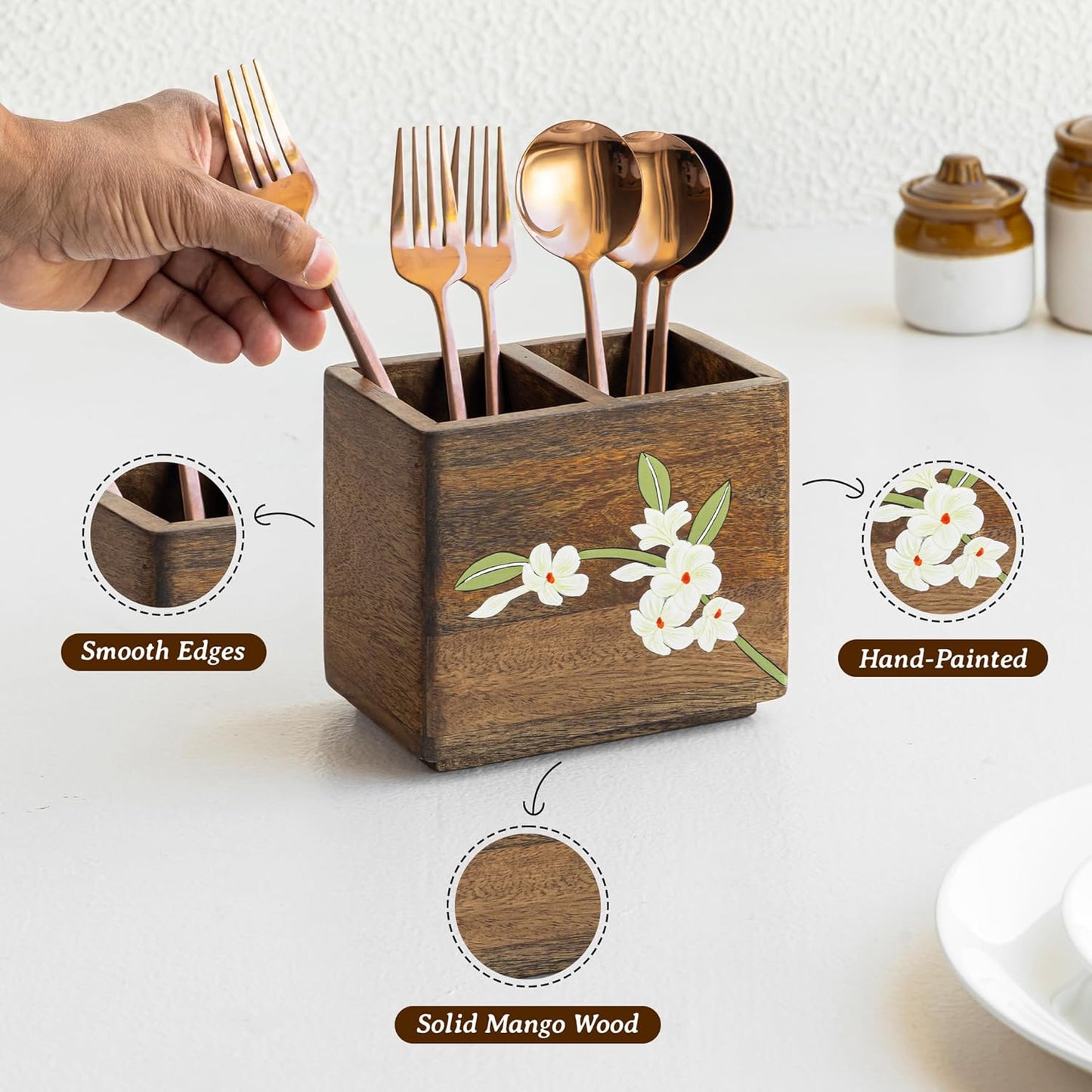 Mango Wood Cutlery Stand – Utensil Caddy – Hand-Painted Floral – 15x11.5x12.5cm