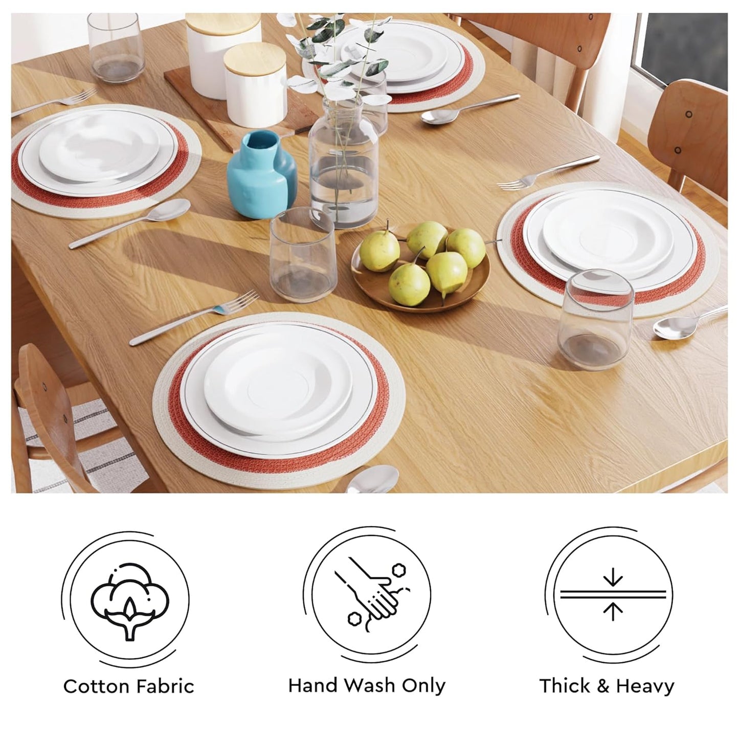 Dining Placemats – Cotton Ribbed Heat-Resistant – 32cm Round Set of 4
