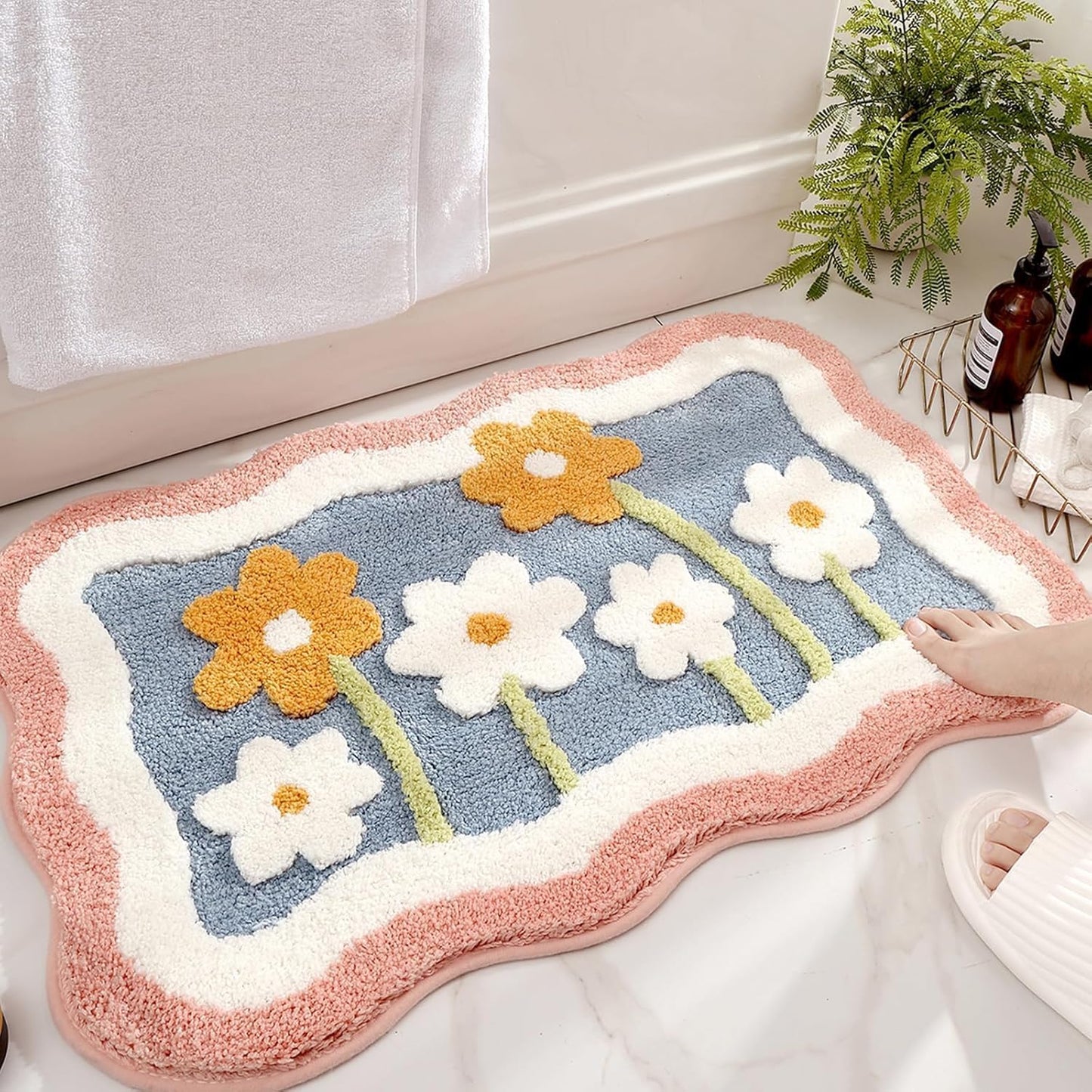 Flower Super Soft Anti-Skid 2000 GSM Microfibre Mat (40x60 cm) Pack of 1 | Absorbent Bath, Floor, Door Mat, Rug