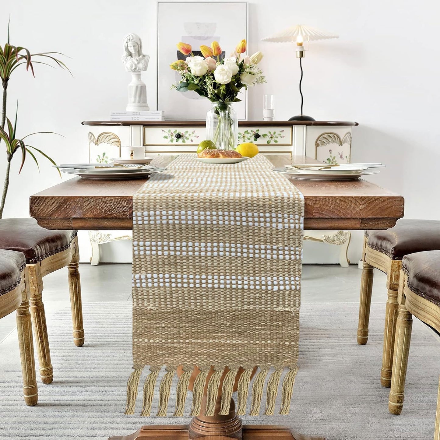 Table Runner – Woven Cotton Jute Blend, Tasseled Stripe – 13 x 72 Inch