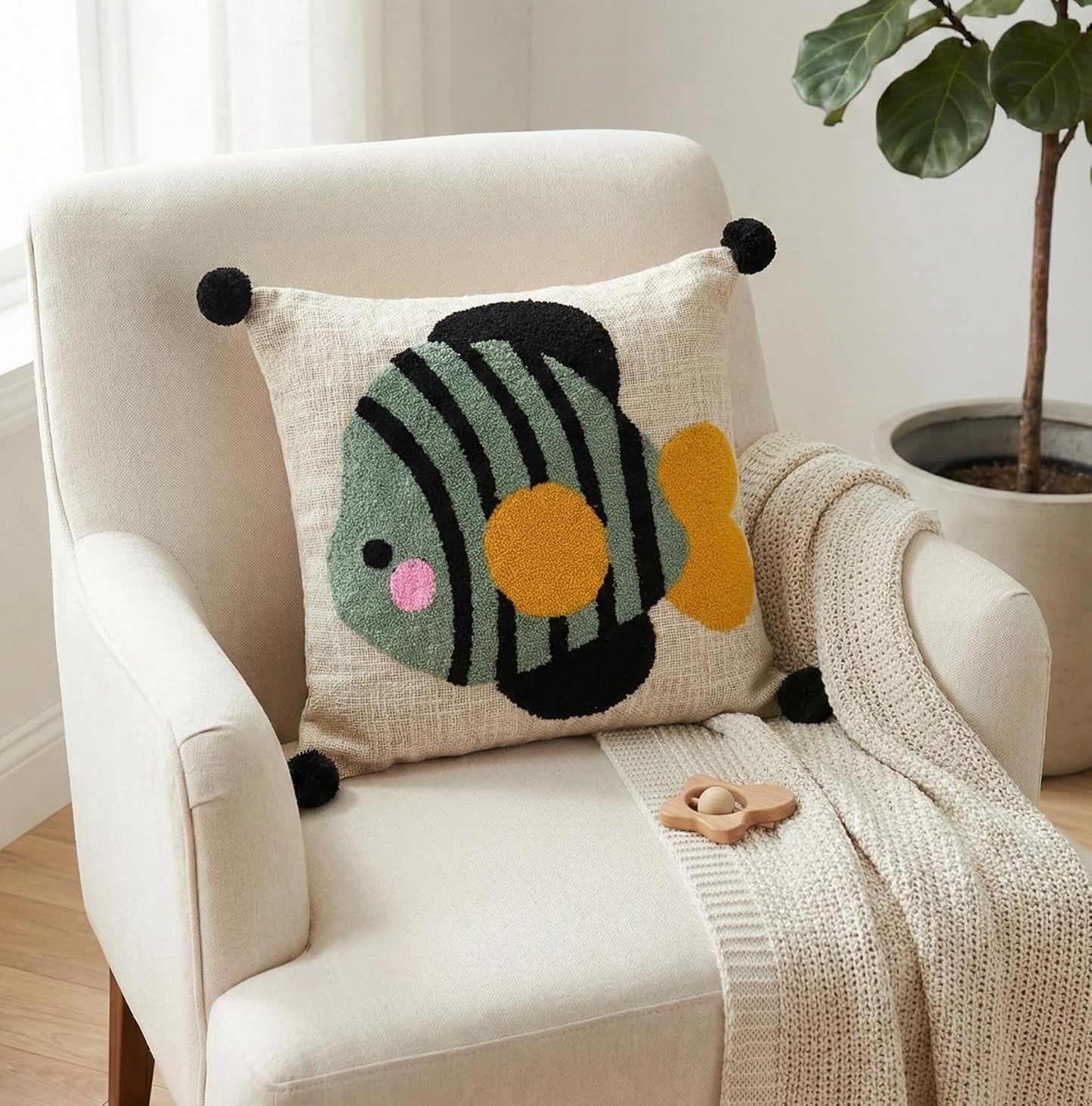 Embroidered Tufted Kids Cushion Cover – Punch Needle Cotton Throw Pillow – Fish Design – 40x40 cm / 16x16 in