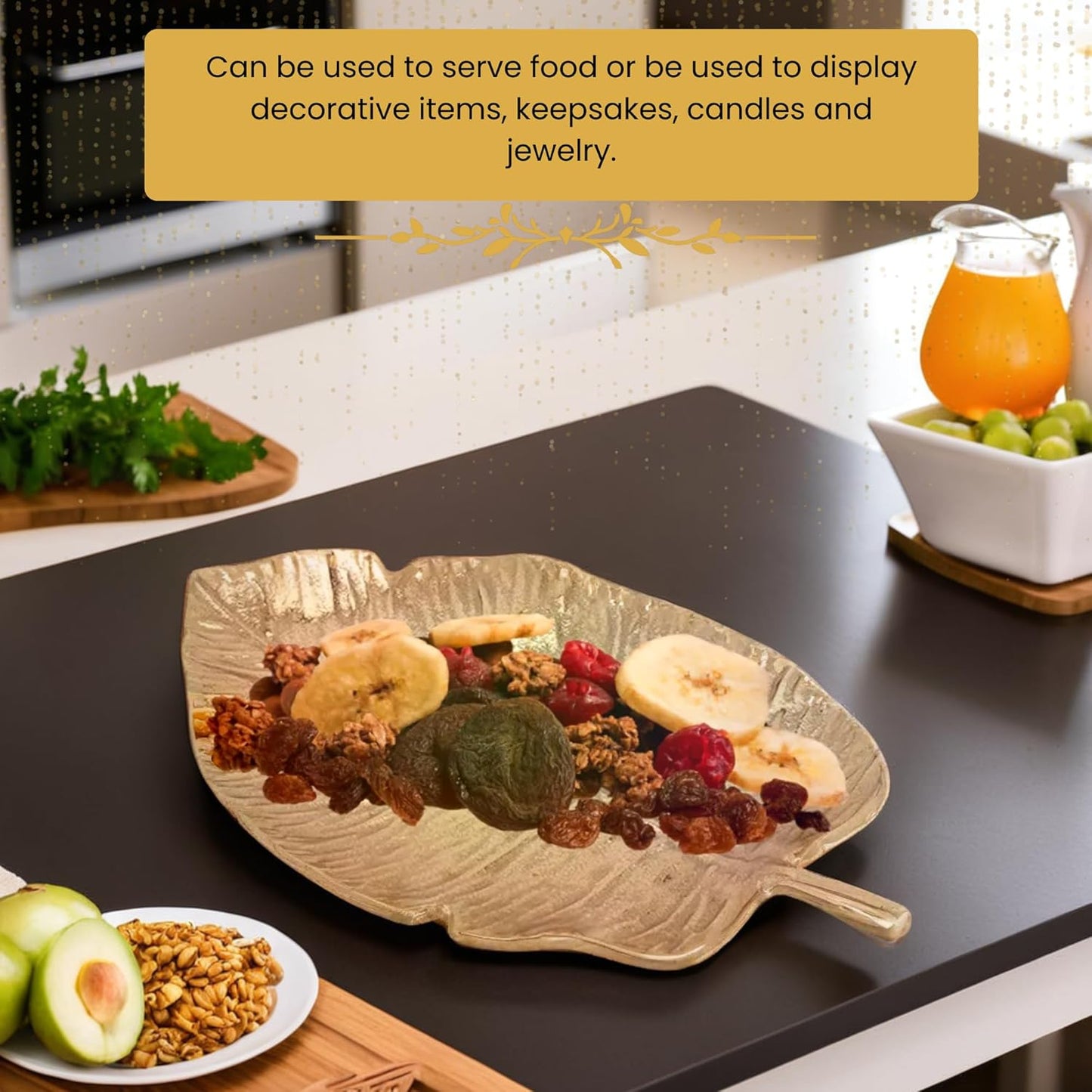 Gold Leaf Decorative Serving Tray – Multi-Use Platter – Gold Metal Leaf Design – Single Unit