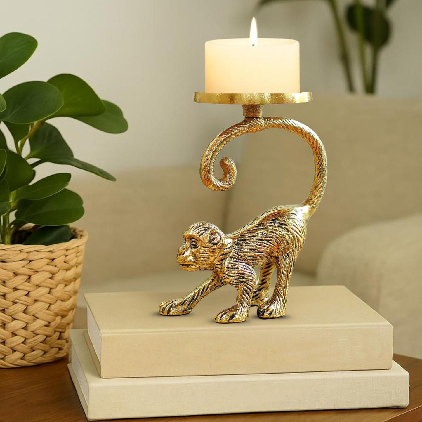 Pillar Candle Holder Stand – Metal Monkey Design – Aluminium Brass Finish