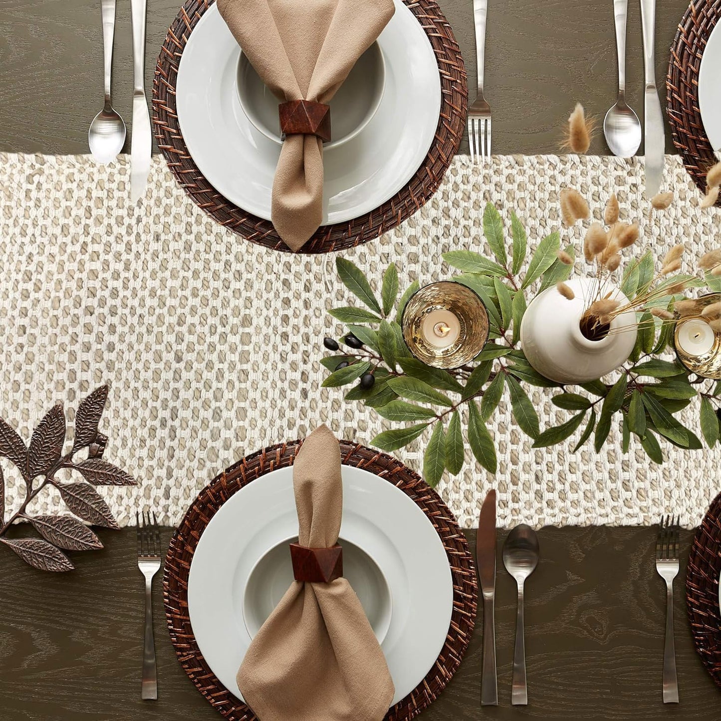 Table Runner – Beige White Honeycomb Woven Cotton Jute with Tassels – 13x74 Inch