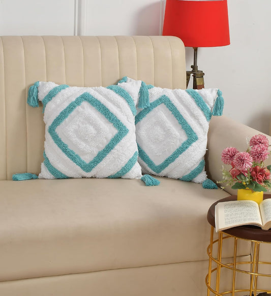 Tufted Cushion Covers – 100% Cotton Boho Style – 16x16 Inch, Pack of 2