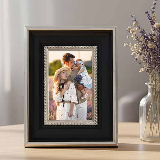 Tabletop Photo Frame – Natural Wood, Plexi Glass, Back Stand – 4x6 Inch (Black)