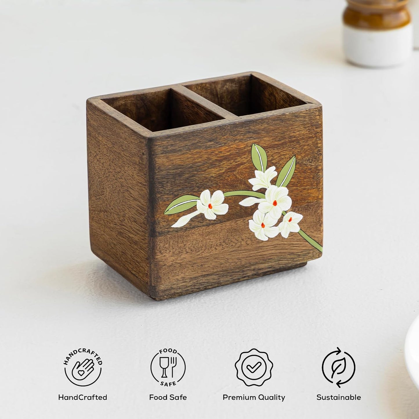 Mango Wood Cutlery Stand – Utensil Caddy – Hand-Painted Floral – 15x11.5x12.5cm