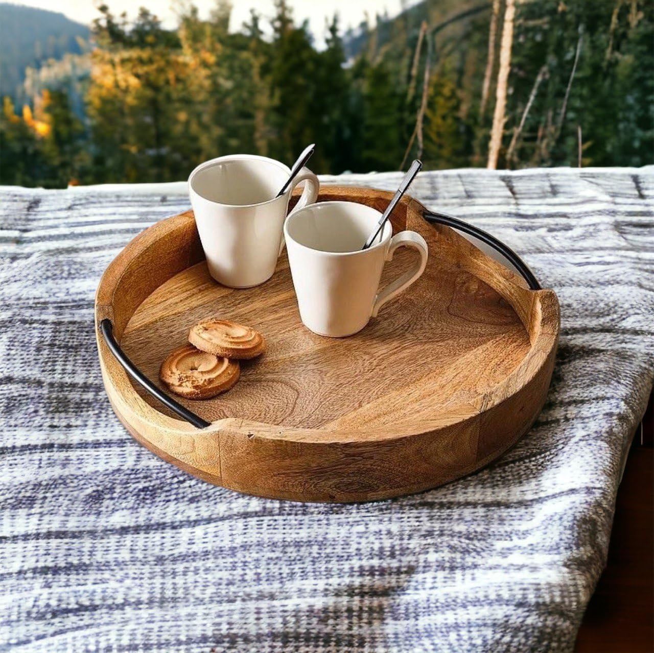 Rustic Round Serving Tray – Handcrafted Mango Wood & Iron – 10-inch Diameter