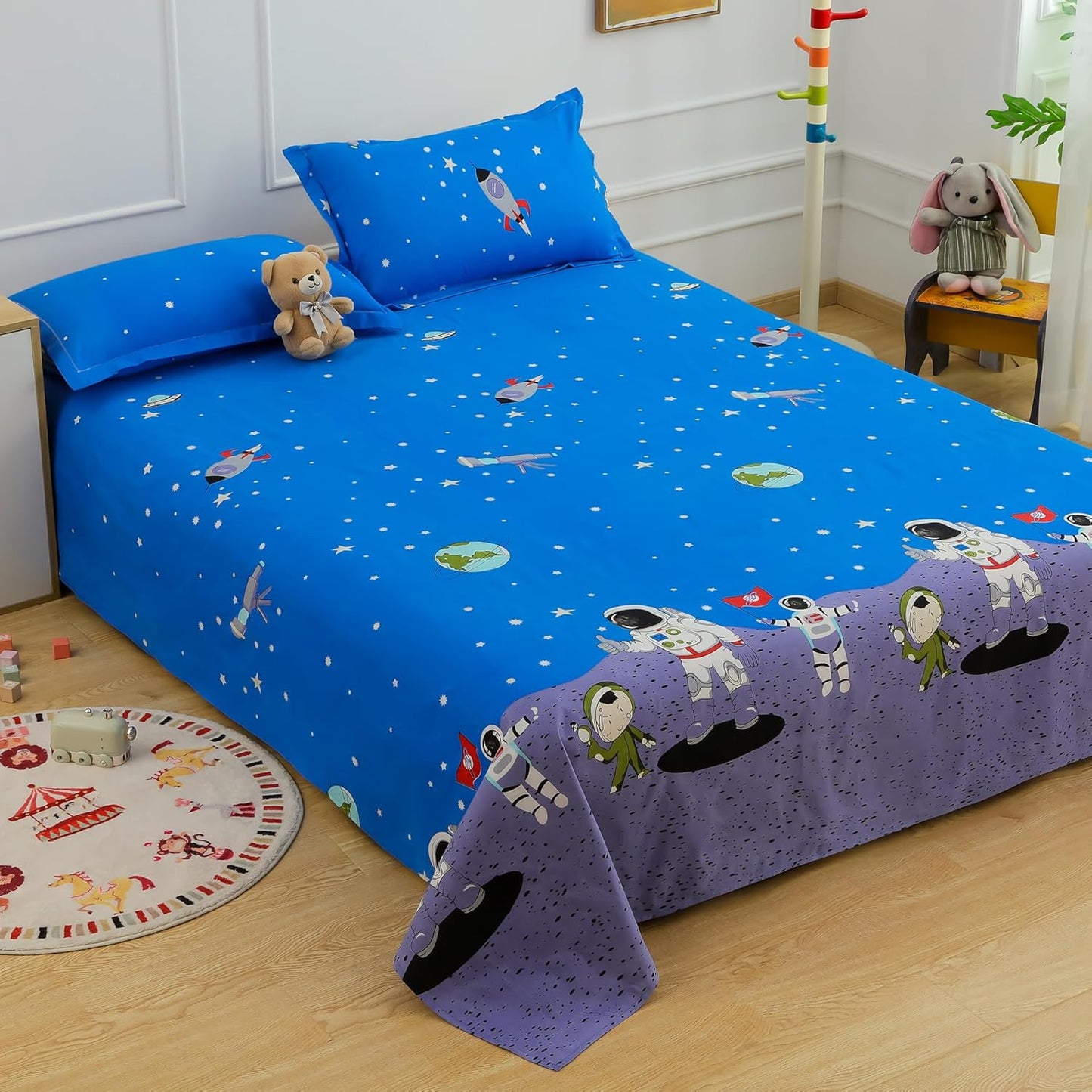 Kids Double Bedsheet Set - Cosmic Adventure Design - 180 TC Cotton Blend, Double (225x250cm)