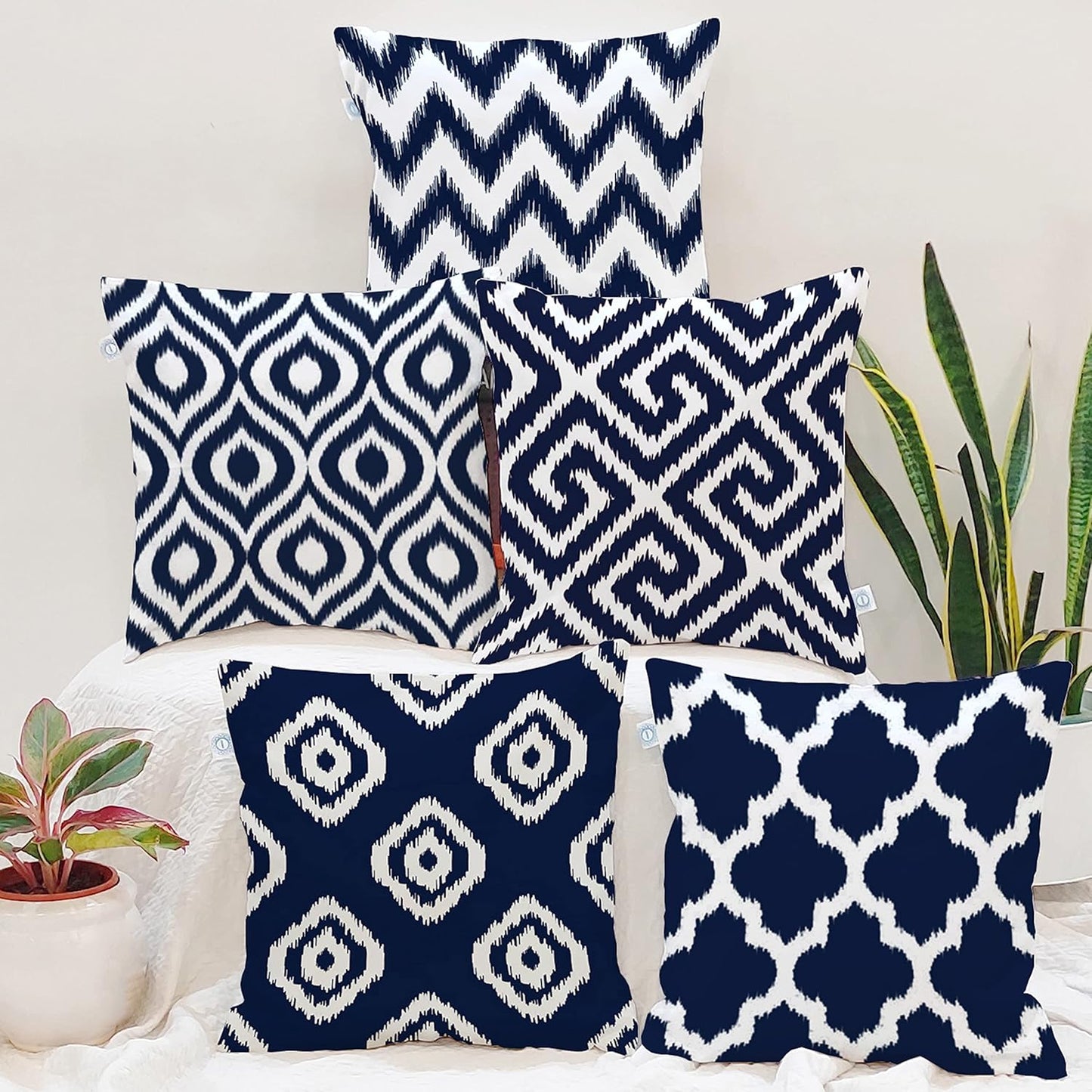 Cushion Covers – Polycotton Ikat Geometric Print – 16x16 Inch (Set of 5) – Wholesale