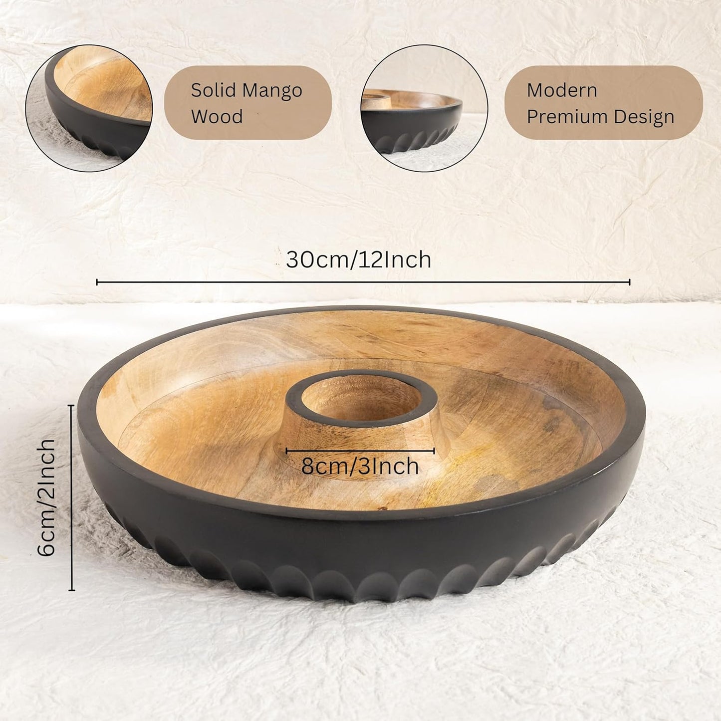 Dual-Tone Mango Wood Chip & Dip Platter – Handcrafted Serving Tray – 12-Inch, Built-in Dip Bowl