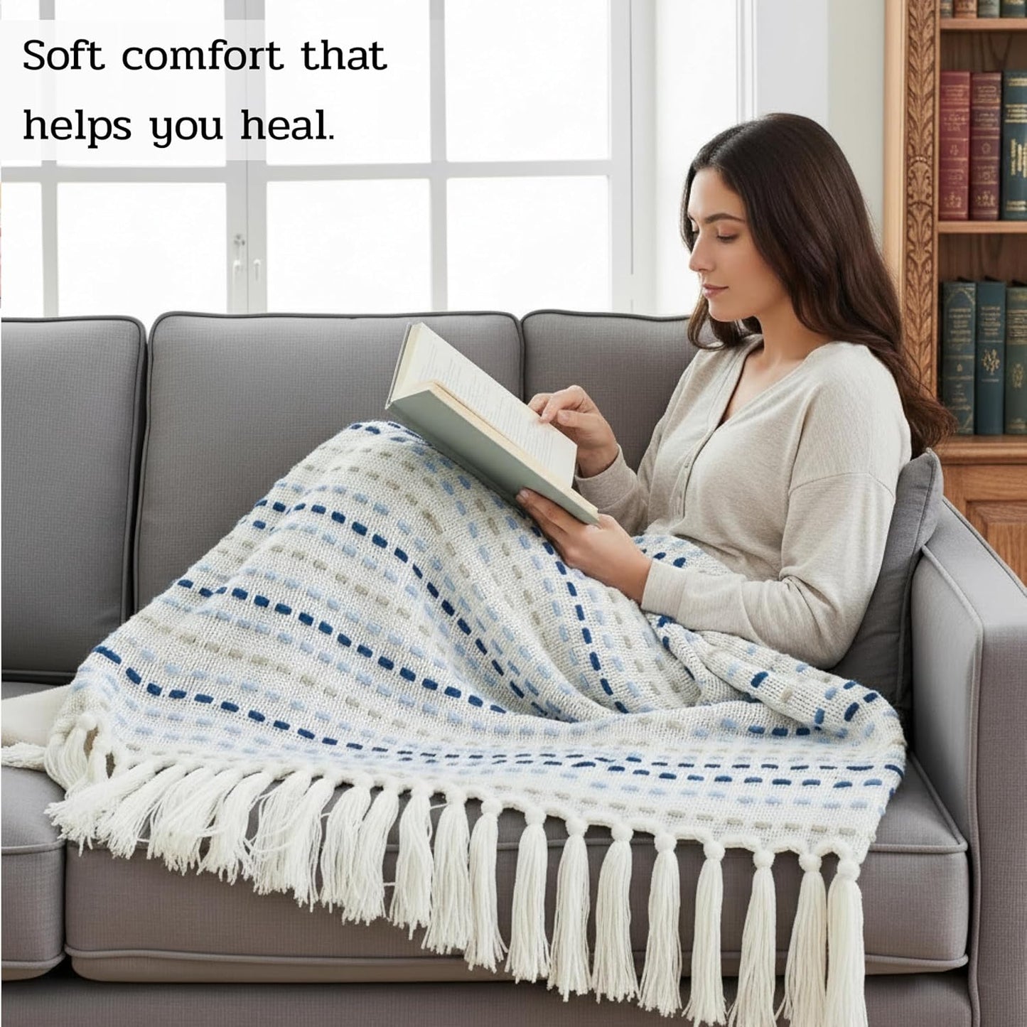 Hand-Knitted Cotton Sofa Throw – All-Season Design – Blue Multi Tassels – 80x52 Inches