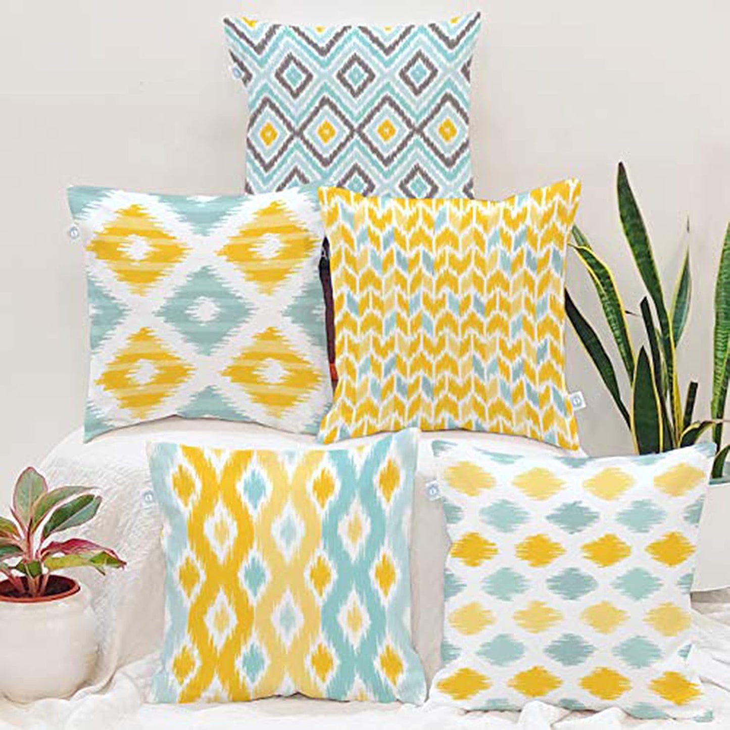Cushion Covers – Polycotton, Ikat Geometric Print, Durable – Set of 5, 16x16 Inch