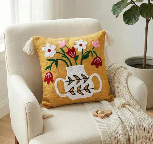 Boho Embroidered Cushion Cover – Slub Cotton – Tasseled Design – 16x16 Inch (40x40 cm)
