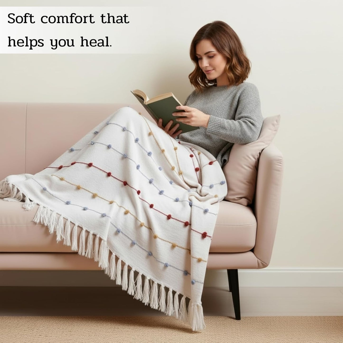 Hand-Knitted Cotton Throw Blanket –  100% Cotton, Tassels – 80x52 Inches (Pack 1)