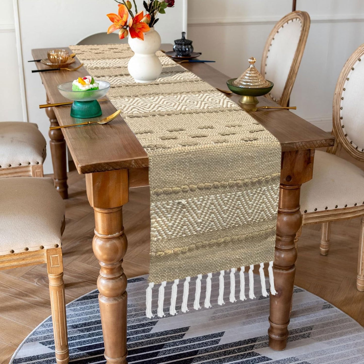Table Runner – Woven Cotton Jute Blend, Beige/White Zig Zag – 13x74 Inch