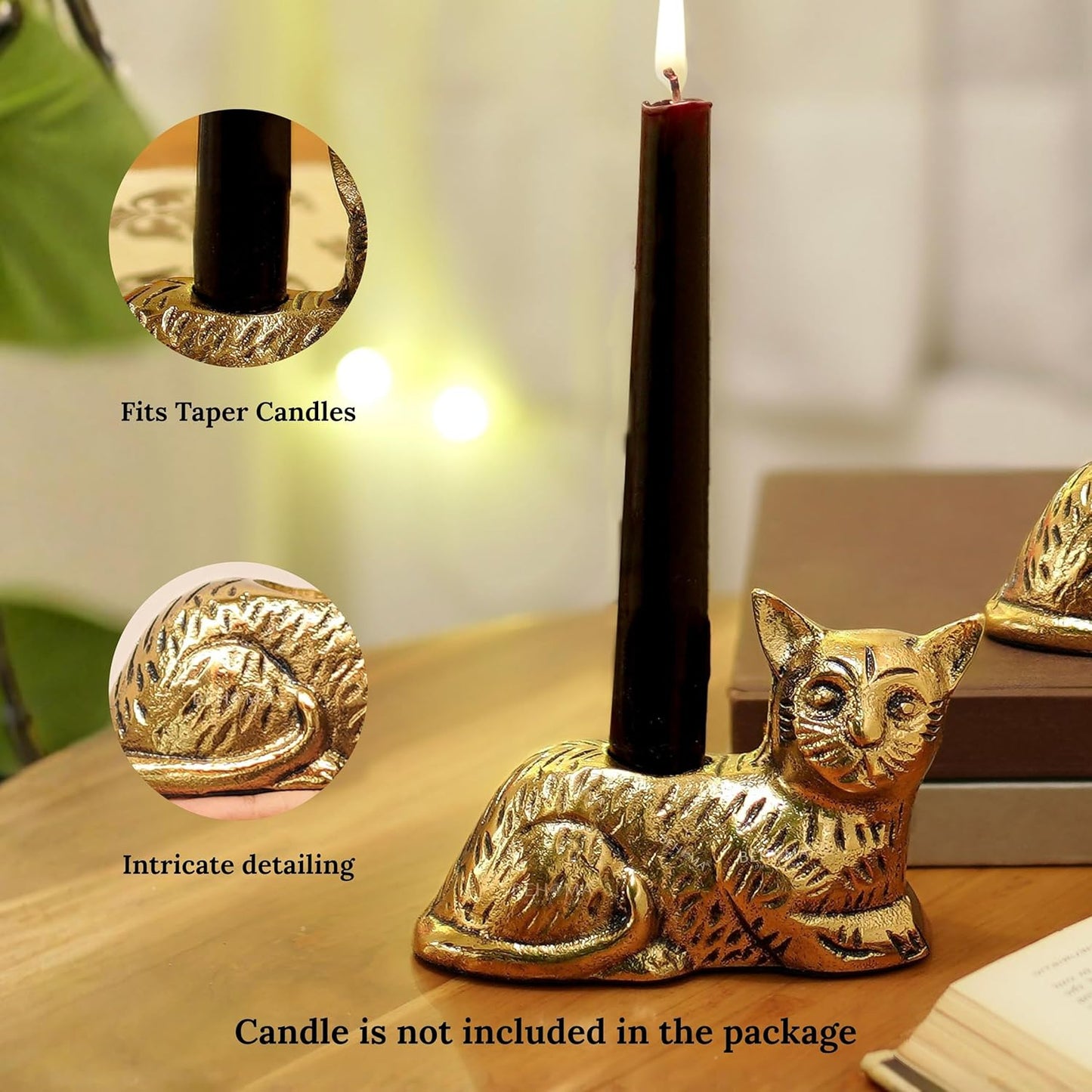 Aluminium Cat Figurine Candle Holder Set – Antique Gold – 13cm H, Pack of 2