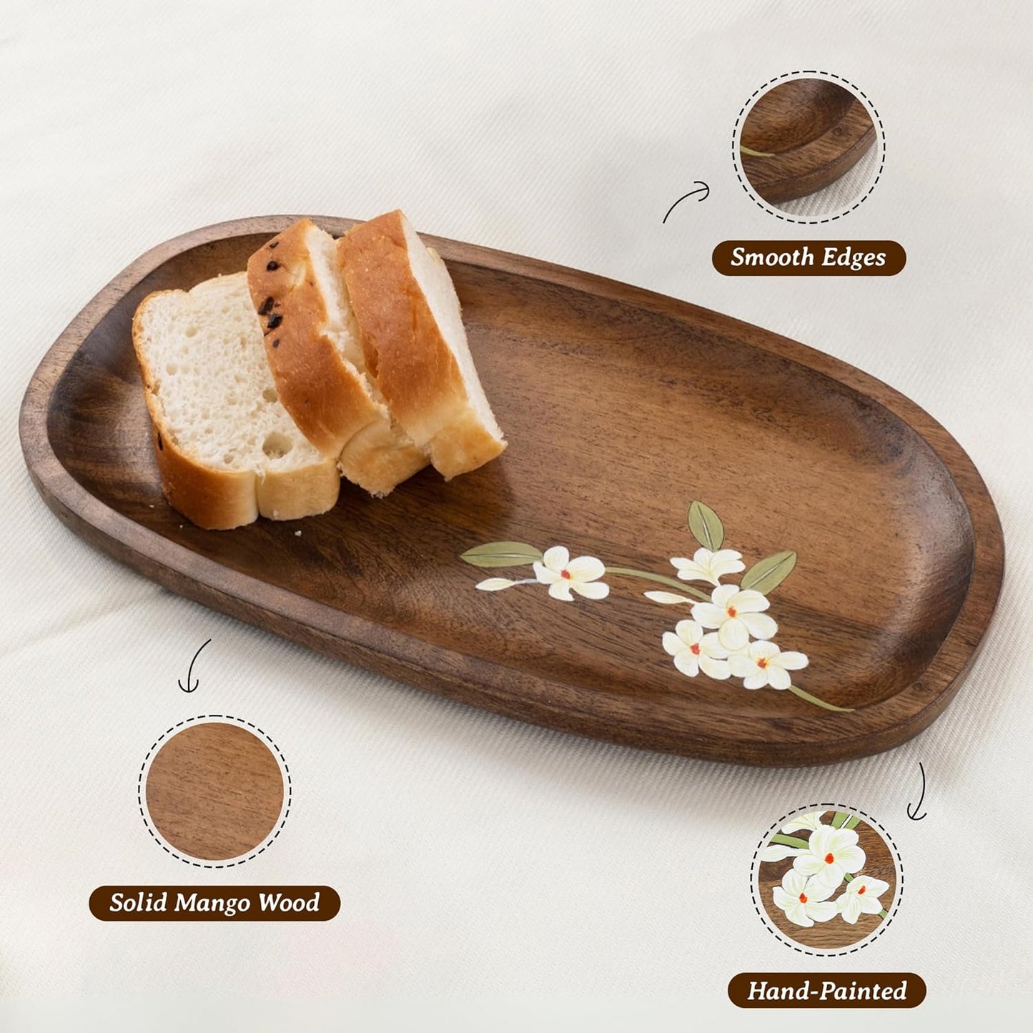 Hand-painted Mango Wood Serving Platter – Appetizer Tray – Artisanal Design – 12.5x7x0.6 in