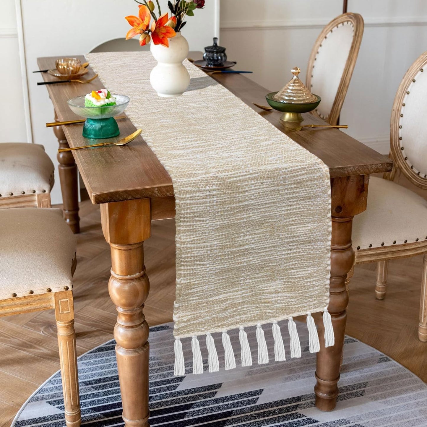 Wholesale Table Runner – Textured Cotton Jute Blend – Beige/White – 13x74 Inch