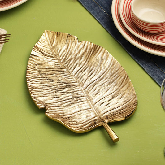 Gold Leaf Decorative Serving Tray – Multi-Use Platter – Gold Metal Leaf Design – Single Unit