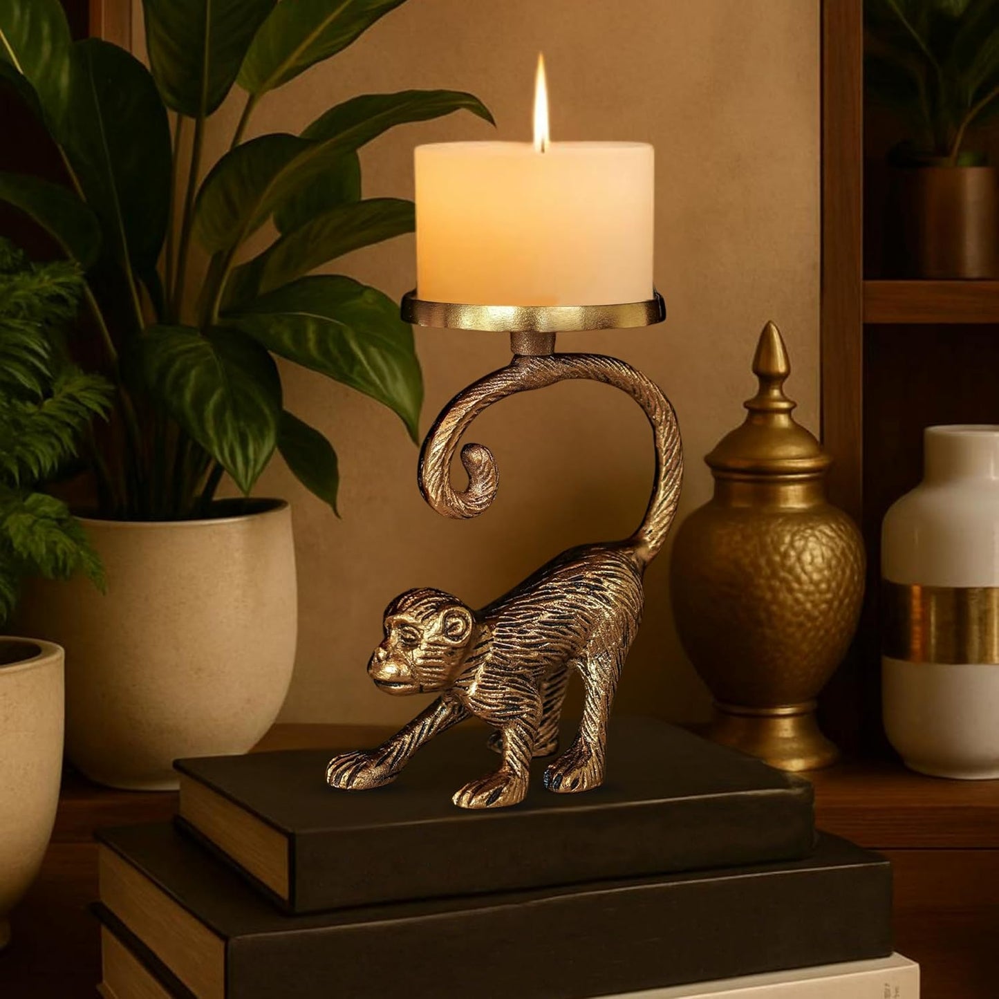 Pillar Candle Holder Stand – Metal Monkey Design – Aluminium Brass Finish