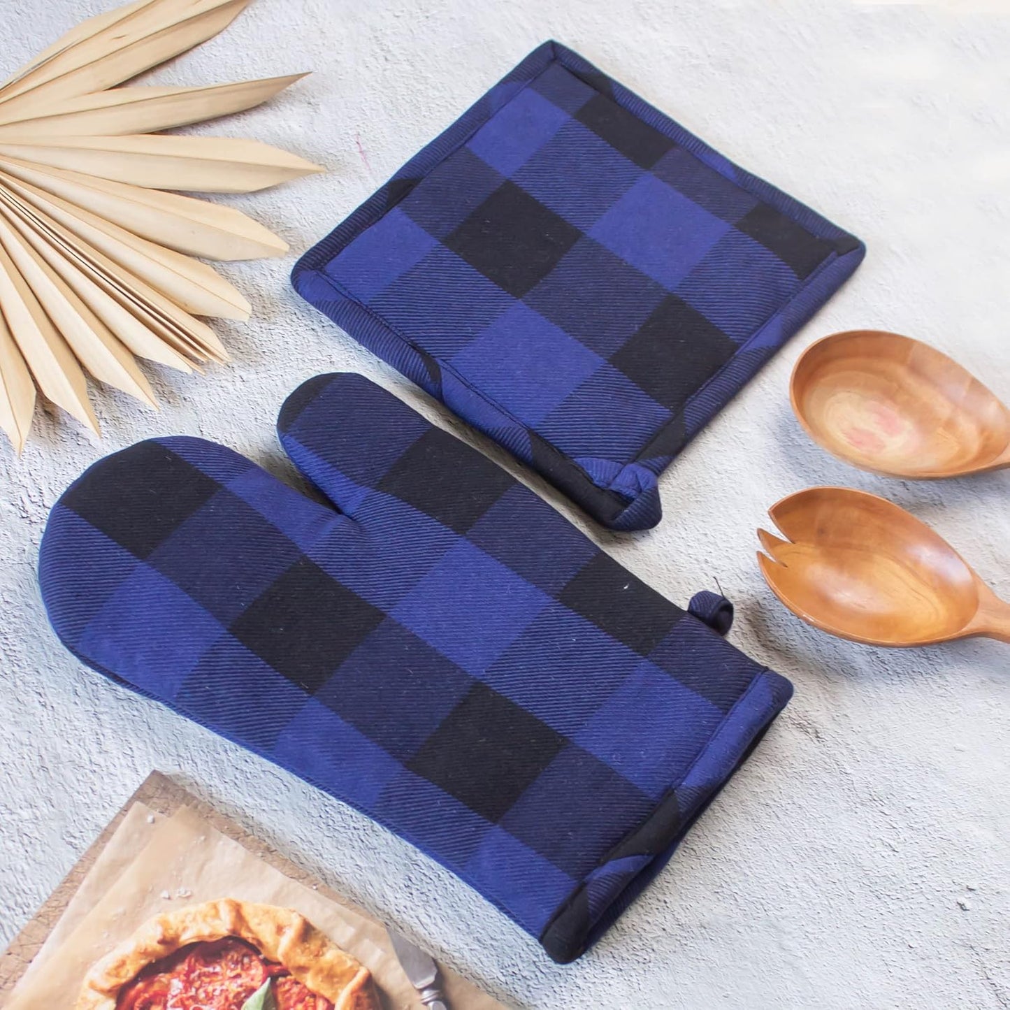 Thick Padded Heat Resistant Oven Glove & Pot Holder Set – Kitchen Textile – Quilted Cotton – 18x30cm