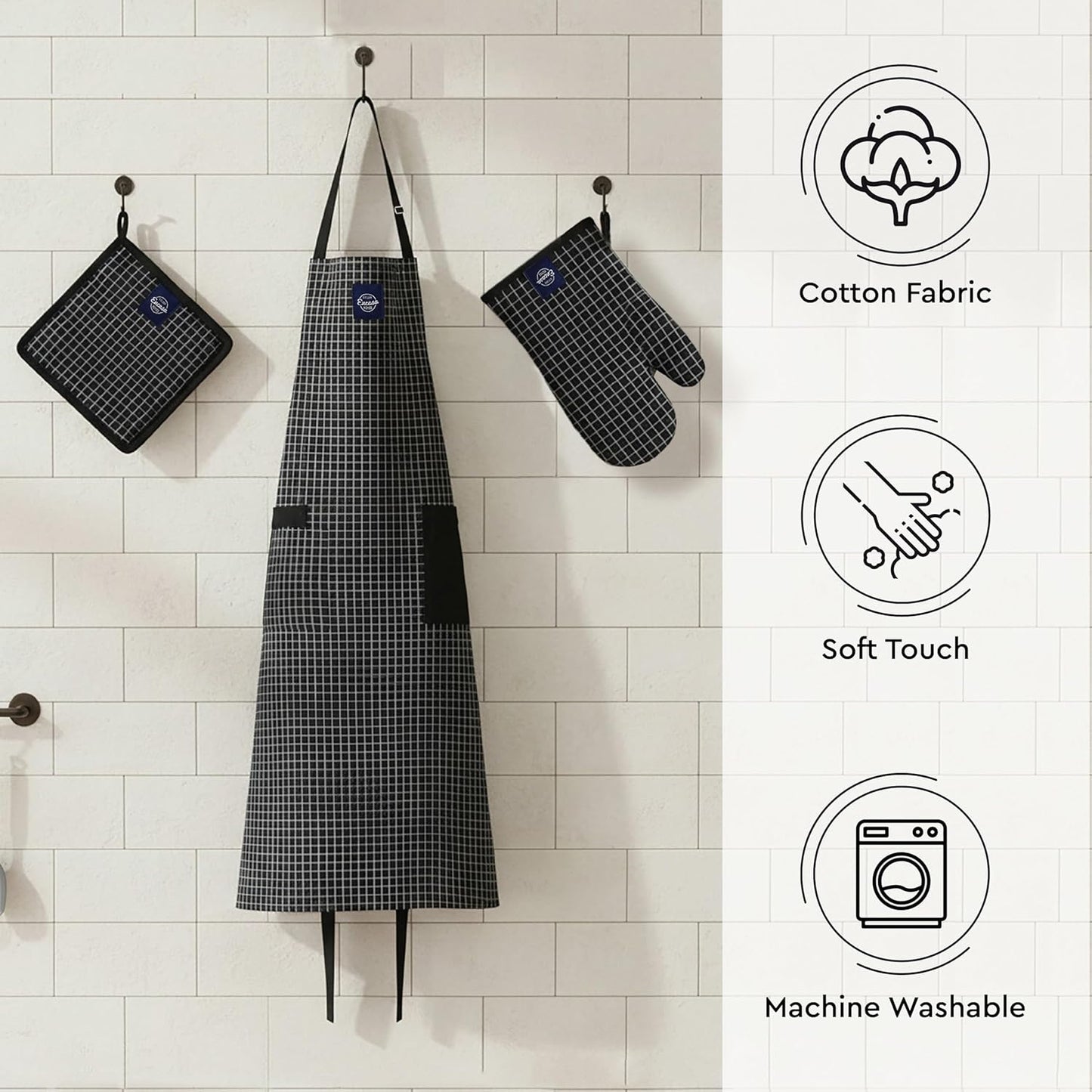 Kitchen Apron, Oven Glove & Potholder Set – 3-Piece Combo – 100% Cotton – Heat Resistant