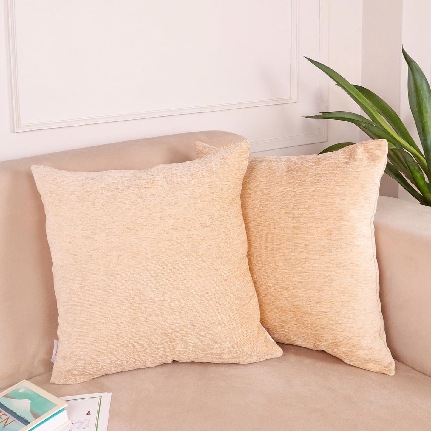 Chenille Cushion Covers – Textured, Durable & Washable – 16x16 Inch, Set of 2 (Light Beige)
