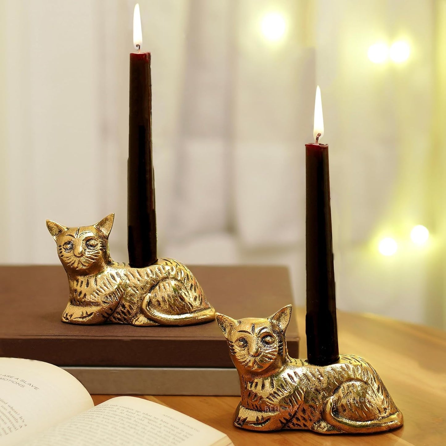 Aluminium Cat Figurine Candle Holder Set – Antique Gold – 13cm H, Pack of 2
