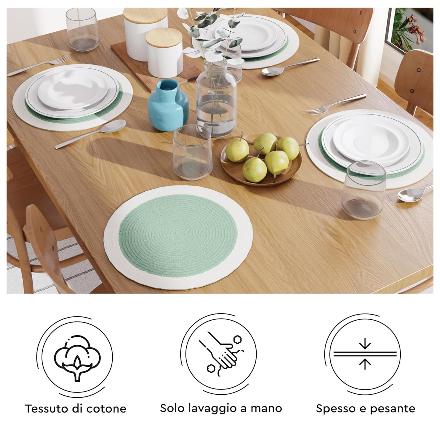 Dining Table Placemats – Cotton Ribbed, Sage/Off White – 32cm Round, Set of 4