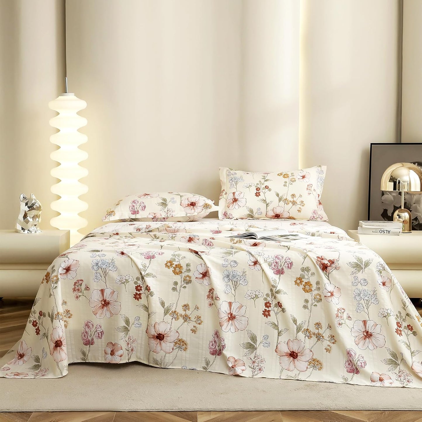 King Size Bedsheet - Cloud Cotton 300 TC - Floral Design, 2 Pillow Covers