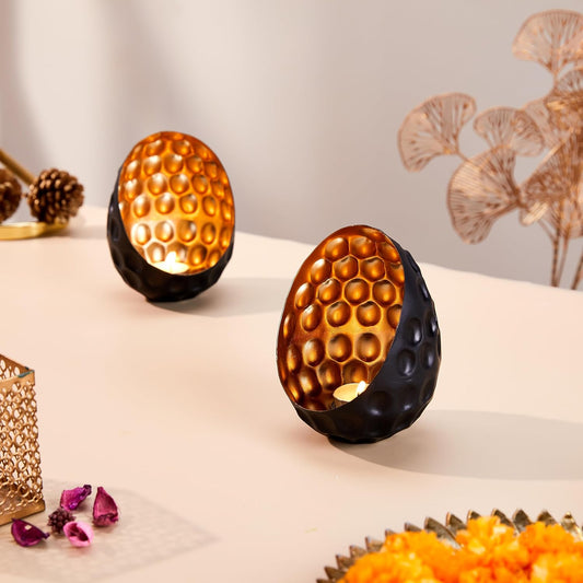 Iron Votive Holders – Oval Diamond Design, Black/Gold – Set of 2 (L12xW11xH15cm)