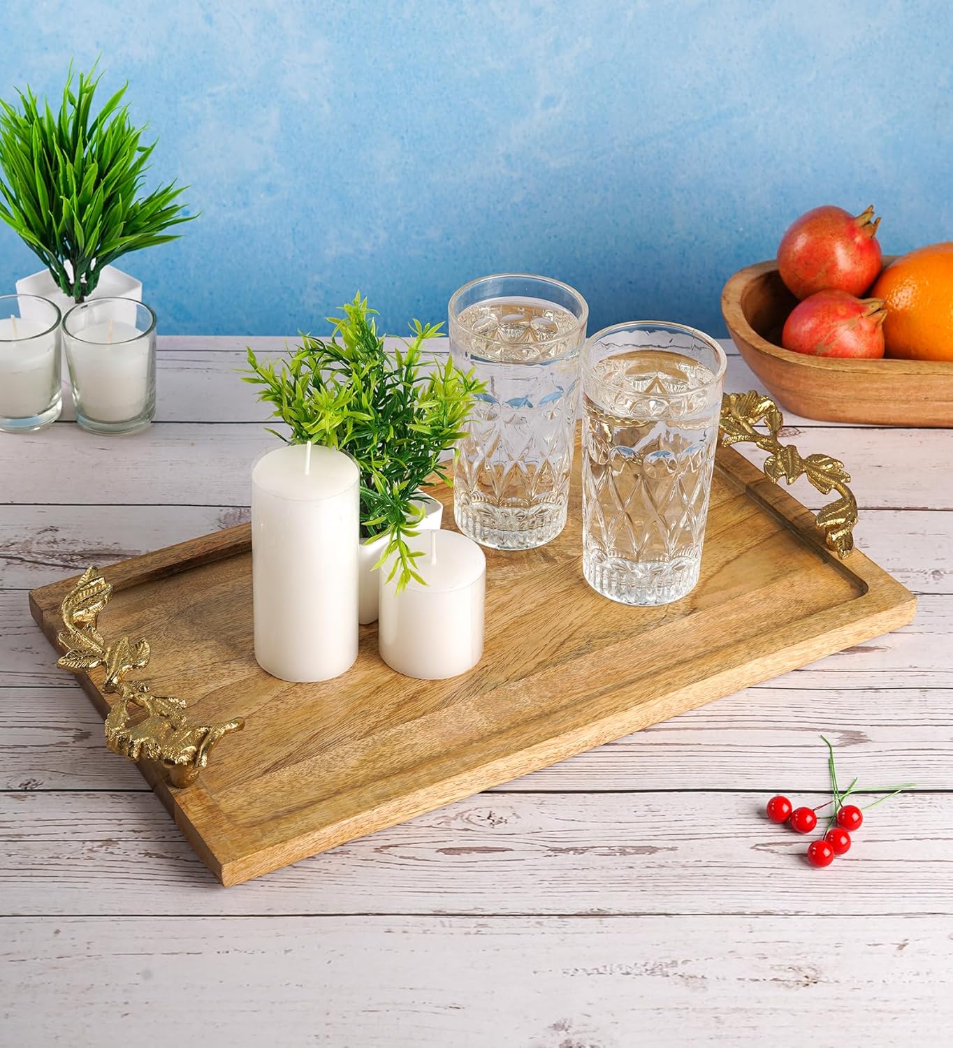 Mango Wood Serving Tray – Rectangular Display Tray – Gold Leaf Handles – 22x42x4cm