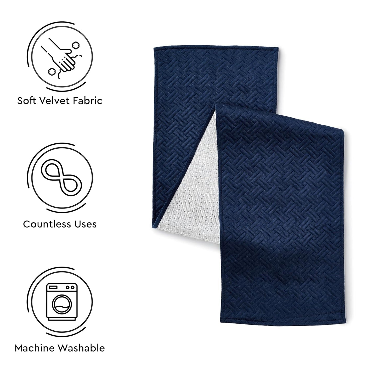 Dining Table Runner – Navy Quilted Velvet, 360 GSM – 32x150 cm, Machine Washable