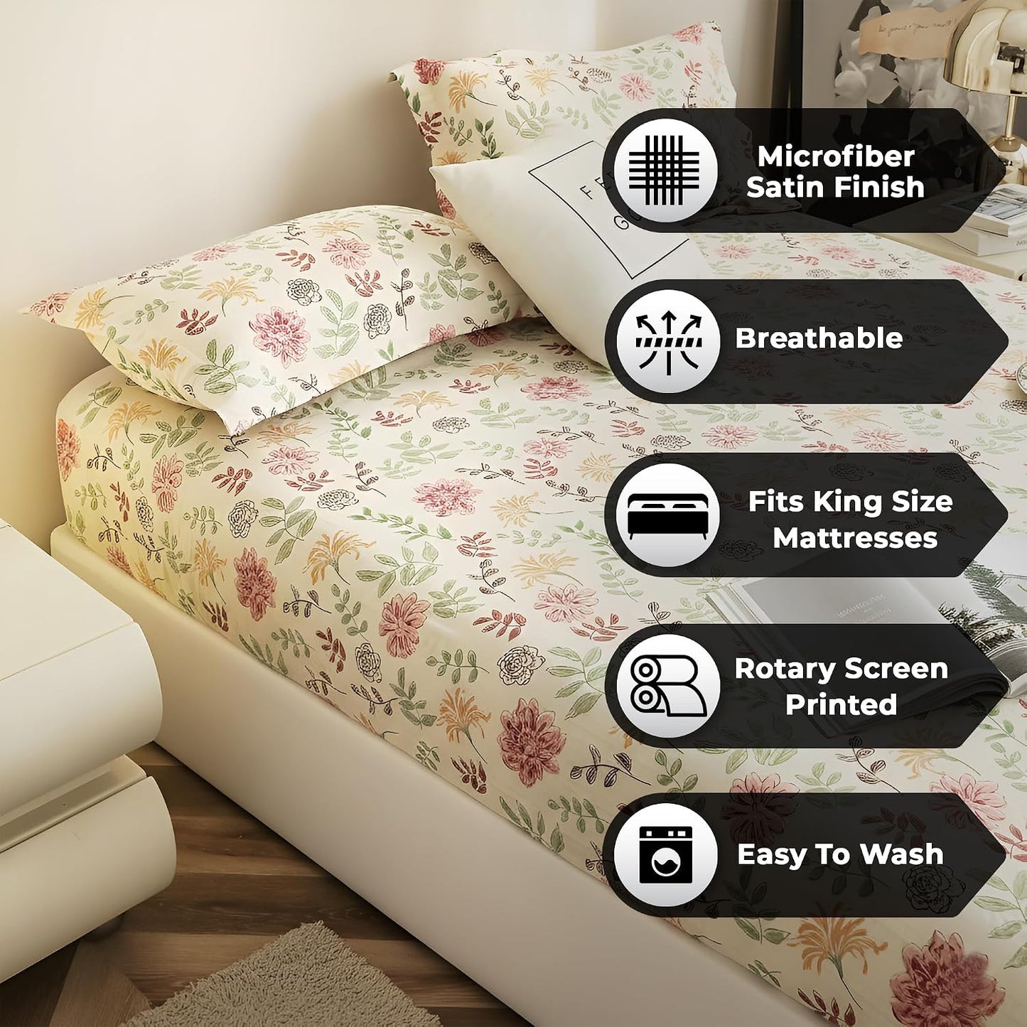 Bedsheet | Cloud Cotton 360 Elastic Fitted | King Size 3-PC, Off White & Yellow