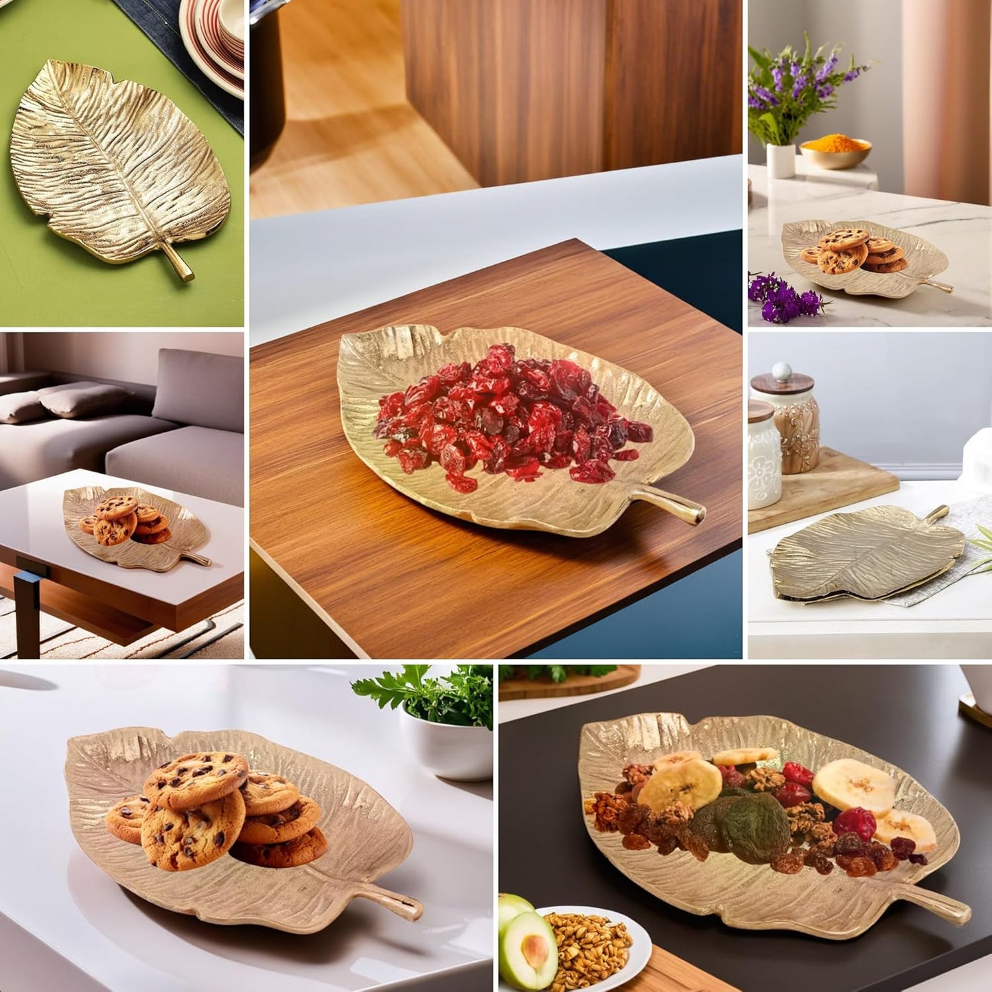 Gold Leaf Decorative Serving Tray – Multi-Use Platter – Gold Metal Leaf Design – Single Unit