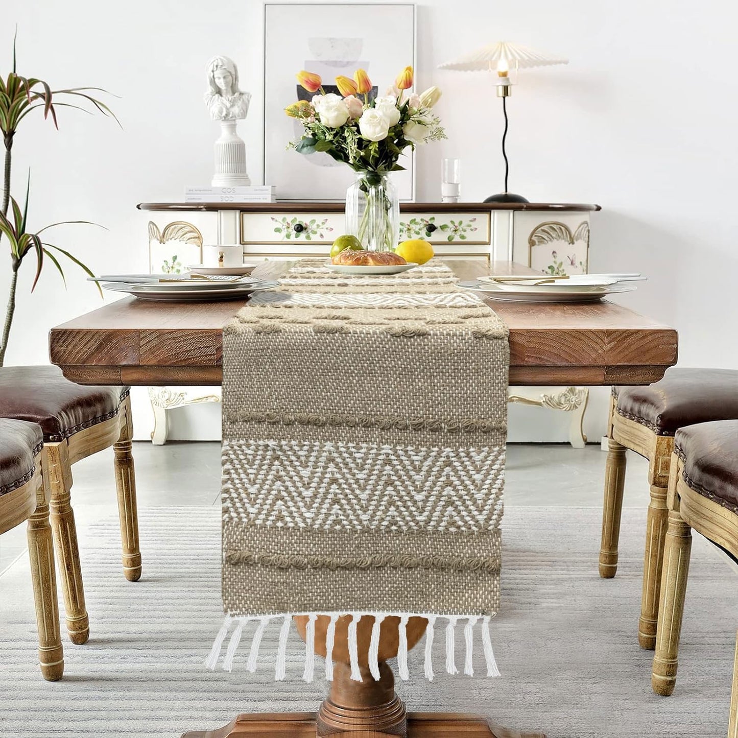 Table Runner – Woven Cotton Jute Blend, Beige/White Zig Zag – 13x74 Inch